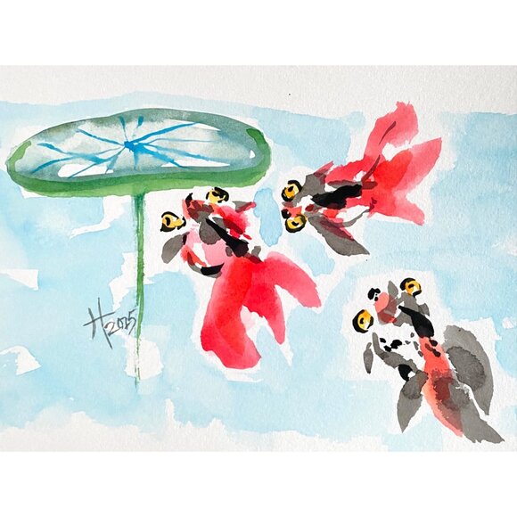 Playful Goldfish Original Watercolor Wall Art Painting 8x10in Matted Frame Ready - Picture 1 of 6